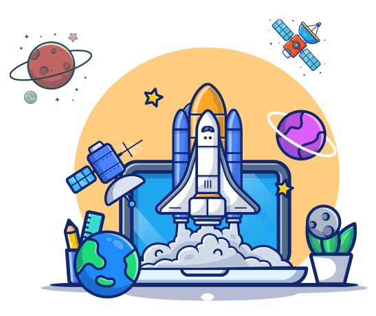 Space shuttle with laptop, satellite and planets cartoon