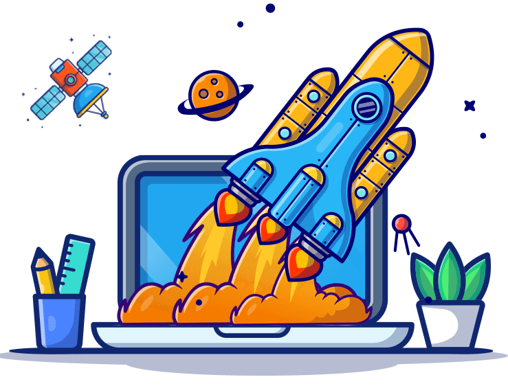 Blue Space shuttle with laptop, satellite and planets cartoon