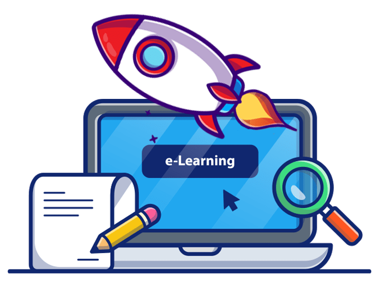 Online education illustration. laptop, notes and rocket
