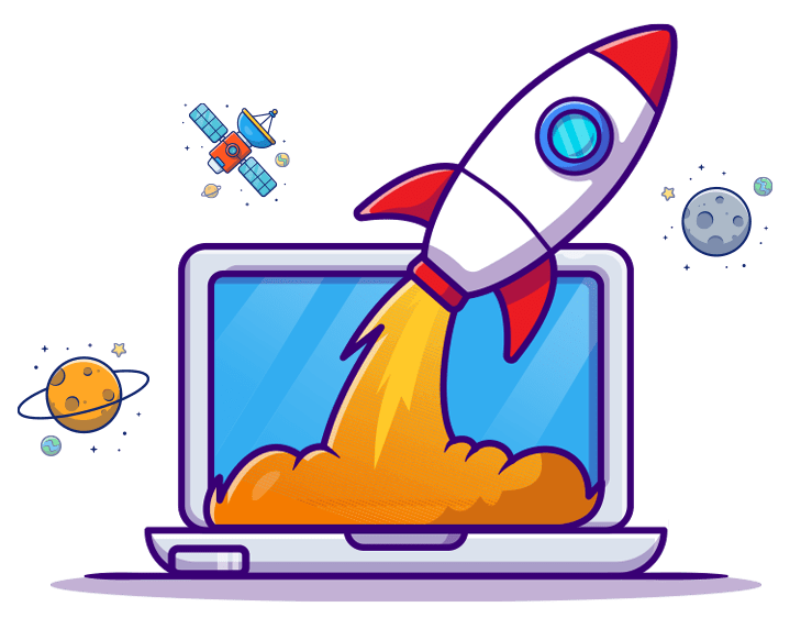 Laptop with rocket launching cartoon icon with planets