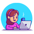 Cute girl working on laptop with coffee cup illustration