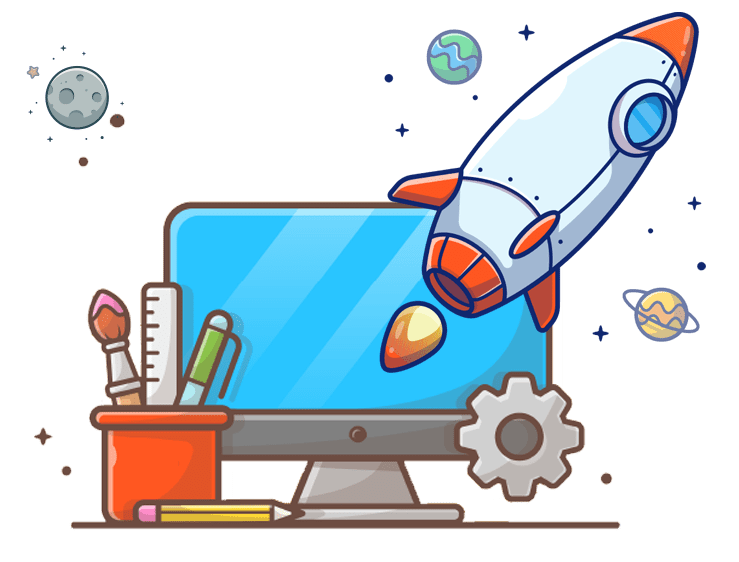 Laptop with rocket cartoon icon with planets