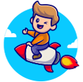 Cute boy riding rocket cartoon icon